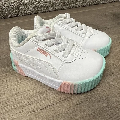 PUMA Carina Faded Spray Little Girls Toddler Size 4C Sneakers White Pink Green - Image 1 of 4