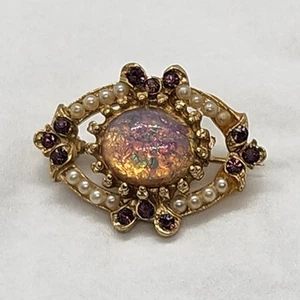 Brosche mit künstlichem Opal Amethyst Saatperlen goldfarben - Bild 1 von 12