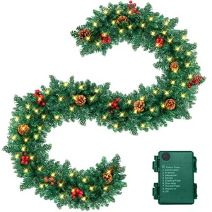 9FT Christmas Garland Pre-lit 50LED Lights Holiday Artificial Decor for Stair... - Picture 1 of 7