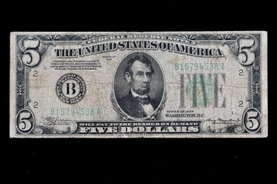 Tough $5 1934 Dark Blue-Green seal FRN B15794538A plain series, five $, bp 790 - Image 1 of 3