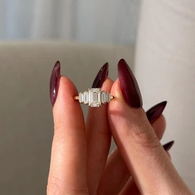 Emerald Cut Lab Grown Diamond Engagement Ring 5 Stone Side Baguette Diamond Ring - Image 1 of 4