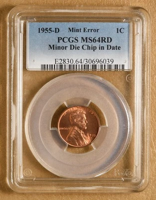 1955 D Lincoln Wheat Cent Mint Error: Die Chip in Date PCGS MS64RD - Image 1 of 4