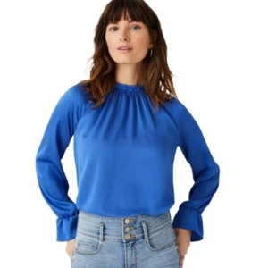 Ann Taylor Deep Azure Blue Ruffle Mock Neck Long Sleeve Top XS - Picture 1 of 3