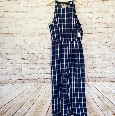 Maison Jules Womens Plaid Sleeveless Cropped Jumpsuit Size L Navy Blue NWT - Image 1 of 4