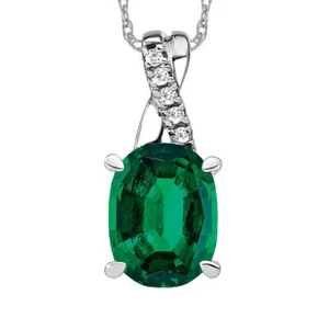 14K Solid White Gold Oval Lab Emerald Diamond Necklace - Picture 1 of 12