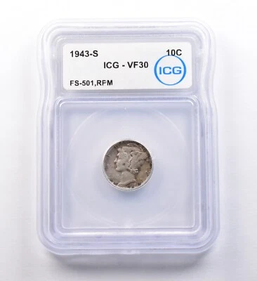 1943-S Mercury Dime FS-501, RPM VF30 ICG *9702 - Image 1 of 3