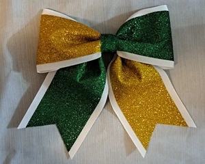 White Green & Gold Glitter Hairbow / Cheer Bows / Dance / Volleyball / Softball - Picture 1 of 1