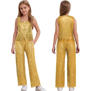 Girls Sequin Outfit Sleeveless Vest With Square Neck Long Pants Wedding Party - Picture 1 of 41