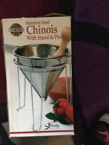 NEW Norpro Stainless Steel Chinois With Rubberwood Pestle And Stand 3pc Set