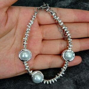 8" Cultured 14mm White Pearl Beaded Bracelet Handmade For Women Gift