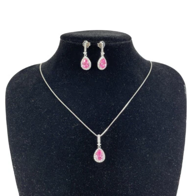 WHITE GOLD FINISH Pink Tourmaline and Created Diamond Necklace and Earrings Set - Image 1 of 4