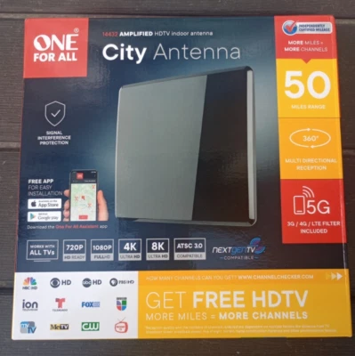 One For All 14432 HDTV Antenna Amplified Indoor Flat TV Antenna, 50 mile range - Image 1 of 4
