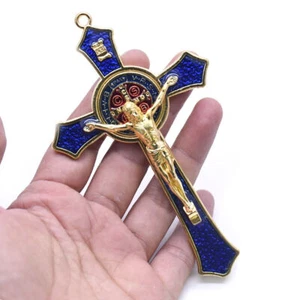 Crucifijo crucifijo de mano de metal vintage Jesús santo religioso tallado Cristo azul - Imagen 1 de 5
