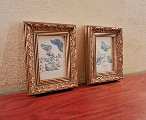 Cornice dorata legno gesso ornato stampa farfalla blu Canada vintage set di 2 - Foto 1 di 8