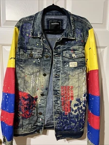 Reason Men Graphic Paint Splatter Jean Jacket Faux Leather Sleeve Men Sz L - Picture 1 of 4