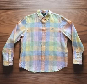 RALPH LAUREN 100% Leinen Herren L Pastell Kariert Knopfleiste Hemd Logostickerei - Bild 1 von 9