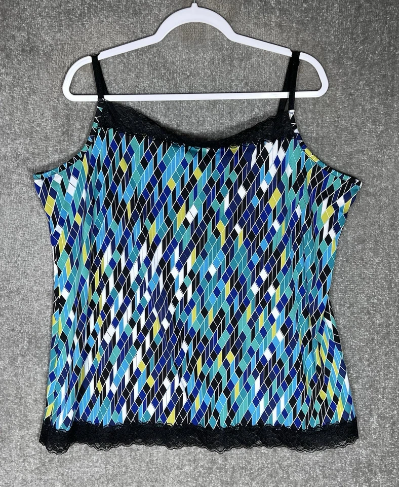 Camiseta sin mangas con ribete de encaje de insectos de moda para mujer talla 2X cuello cuadrado geométrico elástico Foto 1 de 4