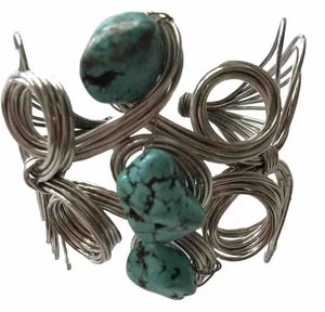 Large Statement Cuff Bracelet Chunky Faux Turquoise Stones Silver Tone Swirly - Picture 1 of 8
