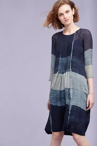 Anthropologie Neeru Kumar XS UK 6 8 Alena Hand-Dyed Silk Tunic Dress Navy - Picture 1 of 14