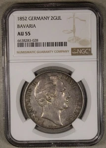 1852 Bavaria German States Silver 2 Gulden NGC AU55 - Picture 1 of 4