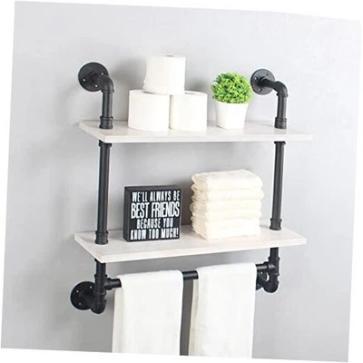Estantes de tubo de hierro estantes de baño industriales con toalla 2 niveles blanco y negro Foto 1 de 4