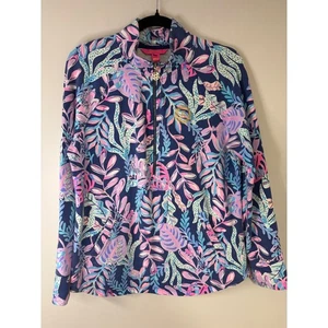 Lilly Pulitzer Skipper Half Zip Pullover Jacket Palms Print Teal Pink Blue L - Picture 1 of 9