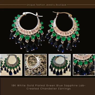 18K White Gold Plated Lab-Created Green & Blue Sapphire Chandelier Earrings Gift - Image 1 of 4