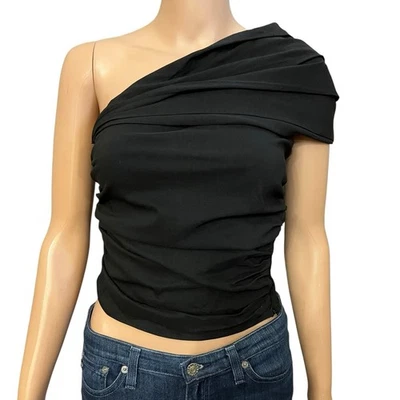 Top Zara Asimétrico Un Hombro Pequeño Negro Recortado Acanalado Elástico Salir Foto 1 de 4