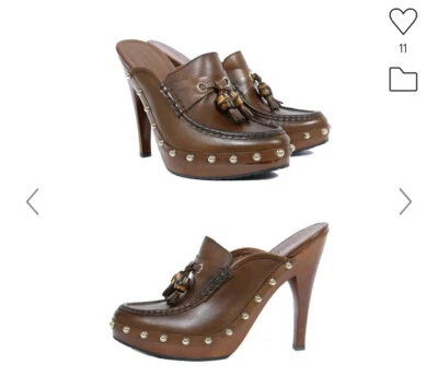 Винтажный GUCCI коричневый кожаный сабо туфли на платформе с бамбука и кисточки деталь/Sz 9/б/у - Изображение 1 из 4