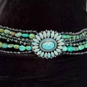 Cintura Neiman Marcus Navajo turchese argento pietra a grappolo concho perline western - Foto 1 di 16