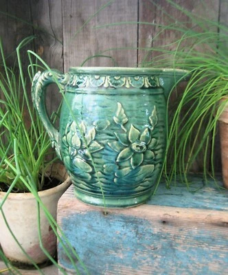 Large Antique Lily Pond Dark Green Glazed Yellow Ware Pitcher Fish Handle - Image 1 of 4