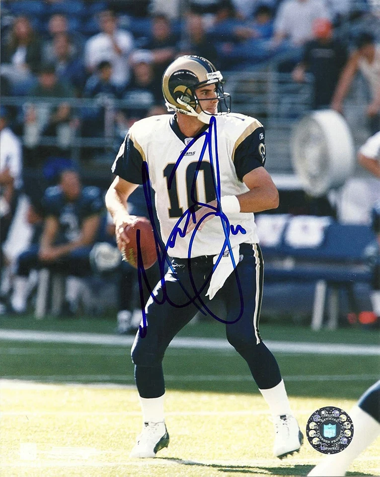 Foto 8x10 de fútbol americano autografiada firmada por Marc Bulger de los St Louis Rams con certificado de autenticidad Foto 1 de 1