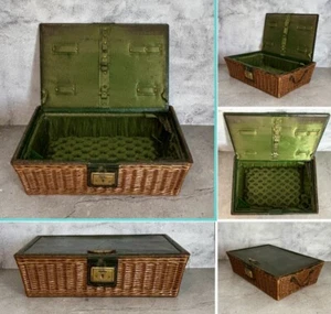 Antique Wicker Sewing Basket Green Moroccan Leather Lid Box Restoration Project - Bild 1 von 17