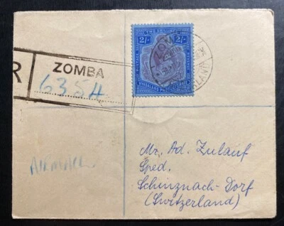 Zomba Nyasaland 1948 cubierta registrada a Schinznach Suiza Sc#63 Foto 1 de 2
