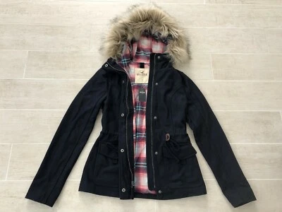 Nuevo abrigo chaqueta de lana con capucha con ribete de piel Hollister by Abercrombie para mujer - azul marino - XS Foto 1 de 4