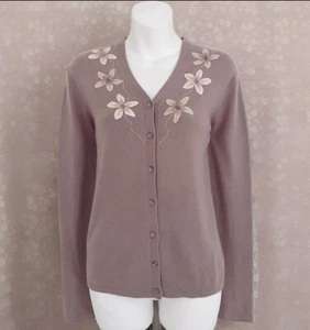 Vintage RENA ROWAN Angora/Wool Bl.Cardigan Sweater M Muted Orchid Floral Detail - Picture 1 of 6