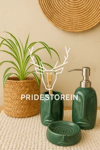 Juego de baño de cerámica verde de 3 piezas - Dispensador de jabón, soporte para cepillo de dientes y jabón - Imagen 1 de 4