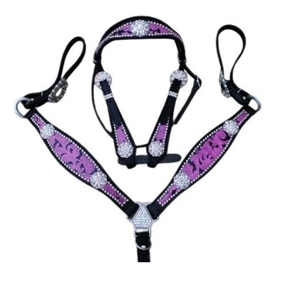 Juego de tachuelas de caballo con tachuelas moradas cuello de pecho con cabecera de cuero occidental Foto 1 de 2