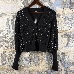 Neu mit Etikett Express schwarz verziert Perlen Strass Zopfmuster V-Ausschnitt Cardigan XS - Bild 1 von 6