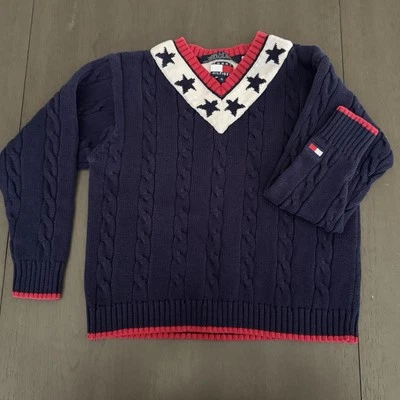 Suéter Tejido Tommy Hilfiger Vintage Estrellas EE. UU. Cuello en V Azul Niños Jóvenes Talla 6 Foto 1 de 4