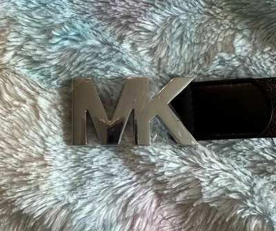 Michael Kors Signature MK Logo Print Silver MK Buckle Brown Leather Belt Size 34 - Image 1 of 4