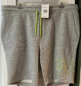 Guess Los Angeles Men’s Size L Gray Fleece Logo Shorts Fluorescent Green Stitch - Picture 1 of 4