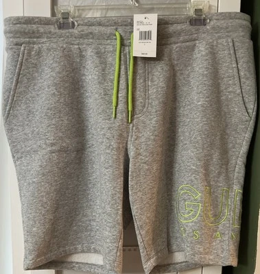 Guess Los Angeles Men’s Size L Gray Fleece Logo Shorts Fluorescent Green Stitch - Image 1 of 4