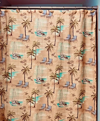 BEACHY PRINT SHOWER CURTAIN & SEASHELL HOOKS SET-72X72-PALMS-BEACH CHAIRS-BOATS - Image 1 of 4