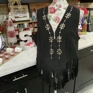 Bob Mackie Wearable Art Fringe Studded Vest Women's Sz Large Black Western Boho - Picture 1 of 12