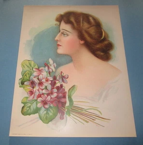 Old Vintage 1906 - Antique VICTORIAN PRINT - Lady - VIOLET FLOWERS - Picture 1 of 1
