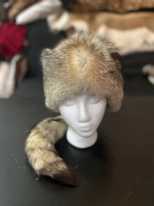 Real Argentinian Gray Fox Fur Daniel Boone Davey Crockett Hat With Tail Size L - Picture 1 of 5