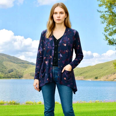 LOGO By Lori Goldstein Print Cardigan Sweater Asymmetrical Sheer Trim Medium - Image 1 of 4