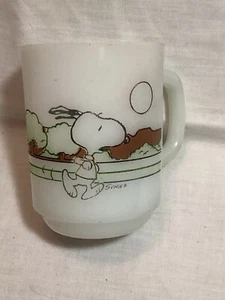 Snoopy Dog Anchor Hocking White Milk-glass Mug 1958 Keeping Fit is Hard Work - Picture 1 of 9