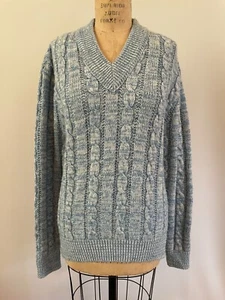 Vintage 70s Cableknit Wool Fisherman Core Jantzen Blue White Chunky Knit Sweater - Picture 1 of 11